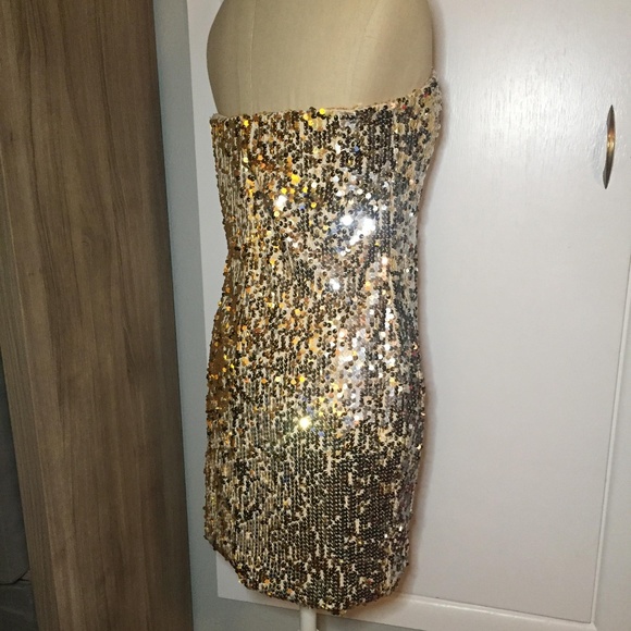 NYE Gold Sequin Shimmer Strapless Dress - Picture 2 of 5
